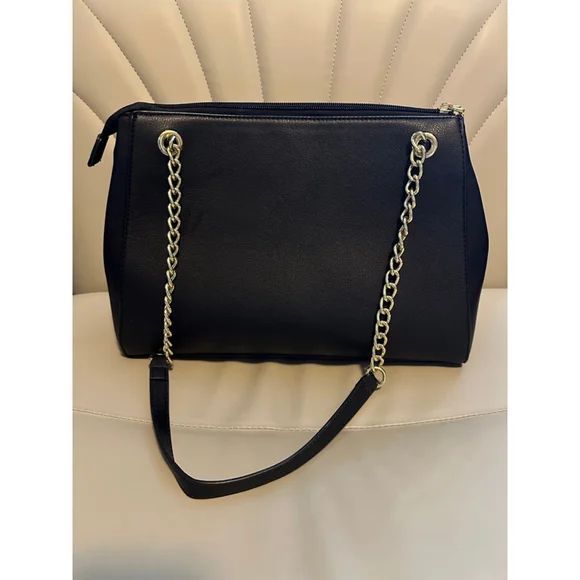 Anne Klein Black Chevron Shoulder Bag Gold Chain Lion Emblem - Picture 6 of 14